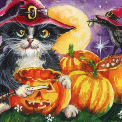 Cat Carving Pumpkins on Halloween - by Katya Bazhlekova