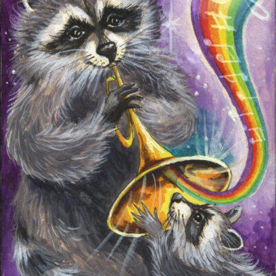 Raccoon playing on Trumpet by Katya Bazhlekova